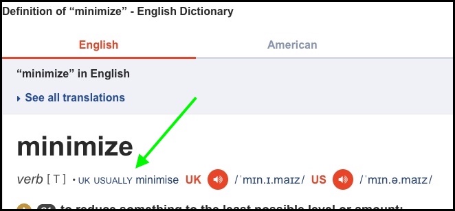 screen capture of dictionary for minimize
