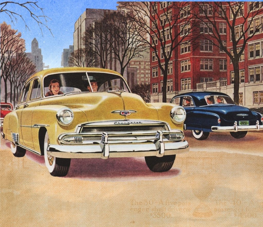 old-fashioned drawing of couple driving through a city in a car