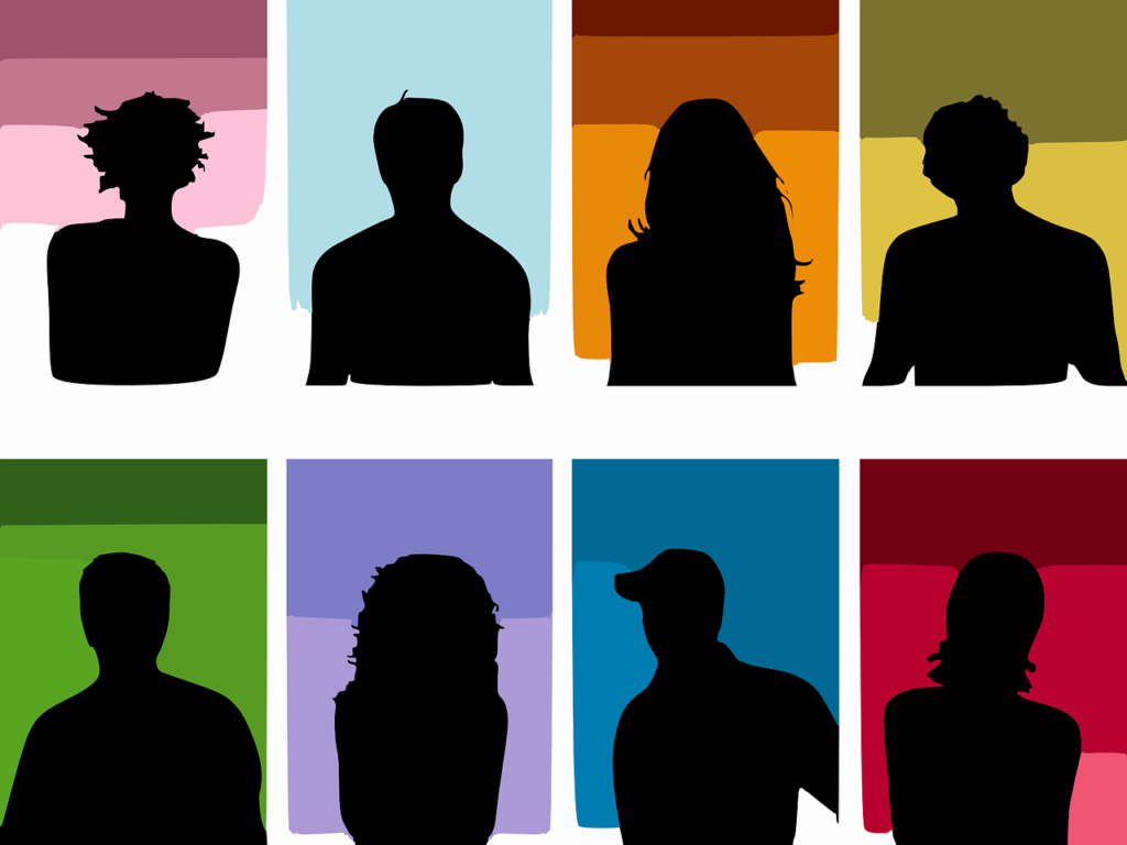 silhouettes of eight people with various hair shapes