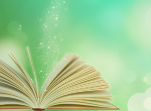 an open book with sparkles falling into it, with a magical green background
